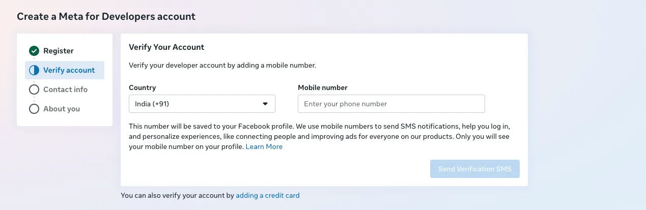 The Verify Your Account step with a country selector and a mobile number field.
