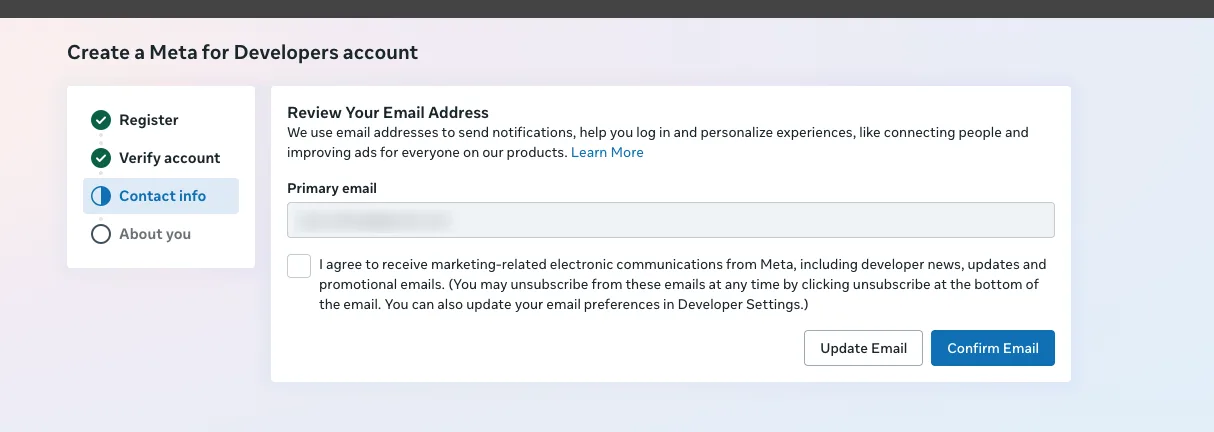 The Review Your Email Address step with the primary email shown and a checkbox to confirm it.