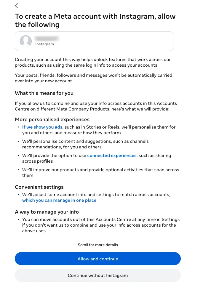 The Accounts Centre page To create a Meta account with Instagram, allow the following, listing what combining accounts means, with Allow and continue and Continue without Instagram buttons.