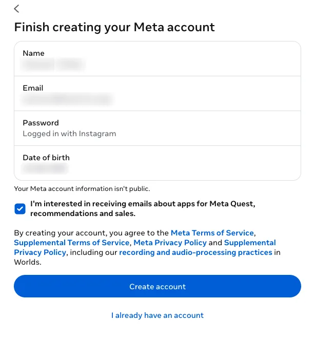 The Finish creating your Meta account form with Name, Email, Password, and Date of birth fields and a Create account button. The personal details are blurred.