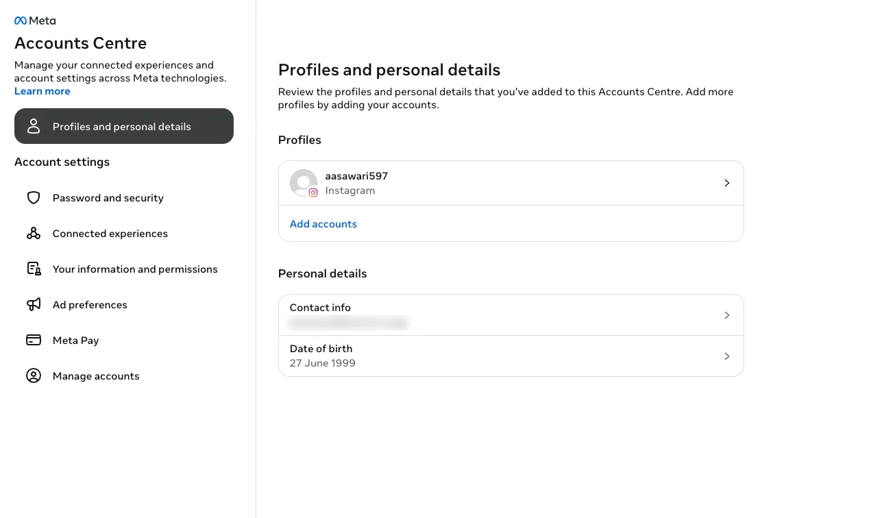 Accounts Centre, Profiles and personal details, listing the Instagram profile under Profiles with an Add accounts link.
