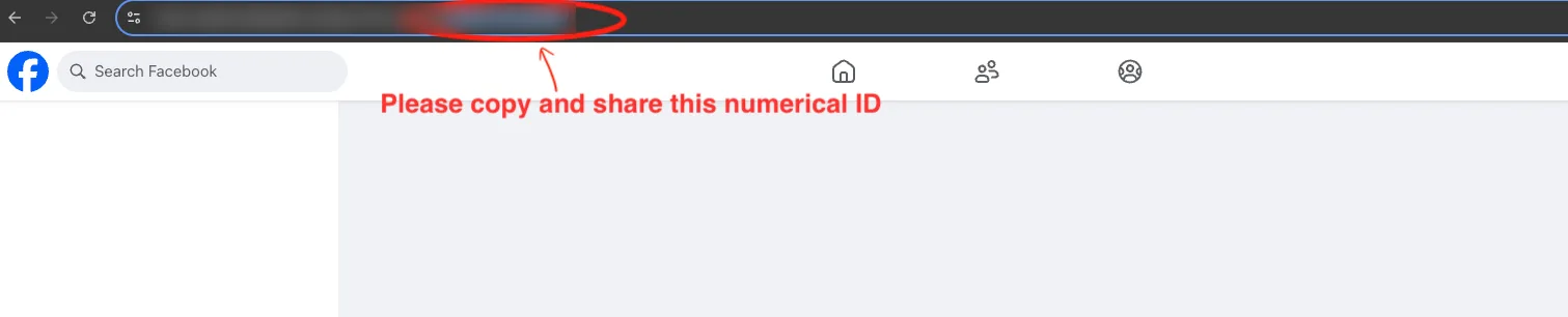 A browser address bar showing a facebook.com profile URL with the id parameter highlighted and a note to copy and share this numerical ID. The ID is blurred.