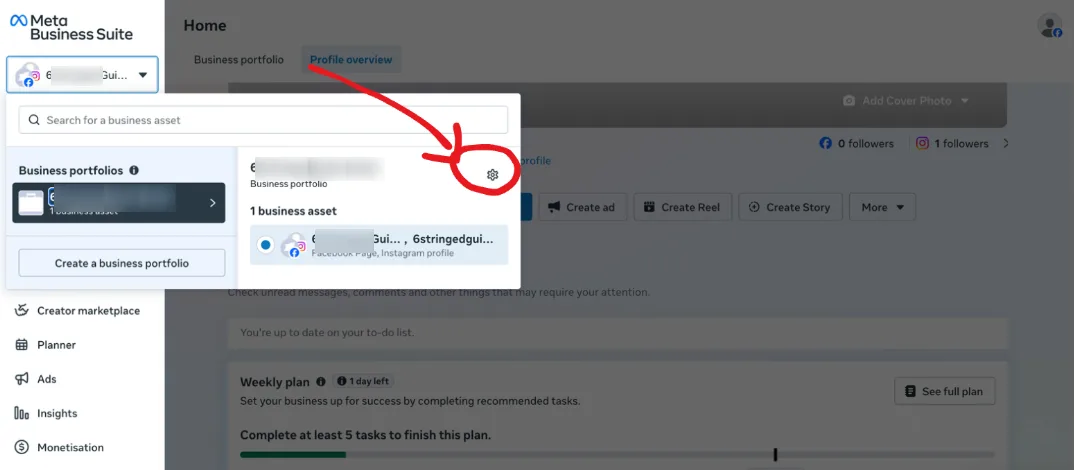Meta Business Suite home with the business portfolio switcher open at the top left and the settings icon next to the portfolio highlighted with an arrow. The portfolio name is blurred.