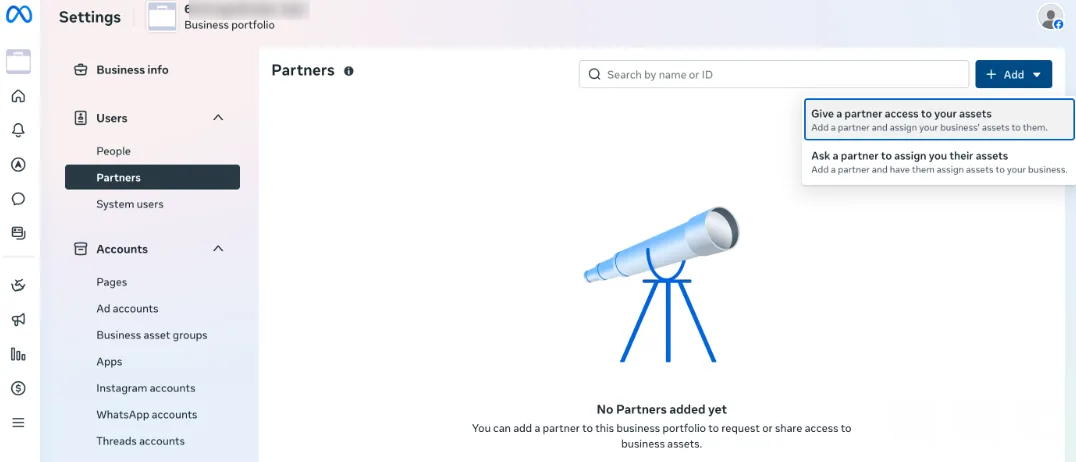 Business Settings with Partners selected under Users, an empty partners list, and the Add menu open showing Give a partner access to your assets and Ask a partner to share their assets. The portfolio name is blurred.