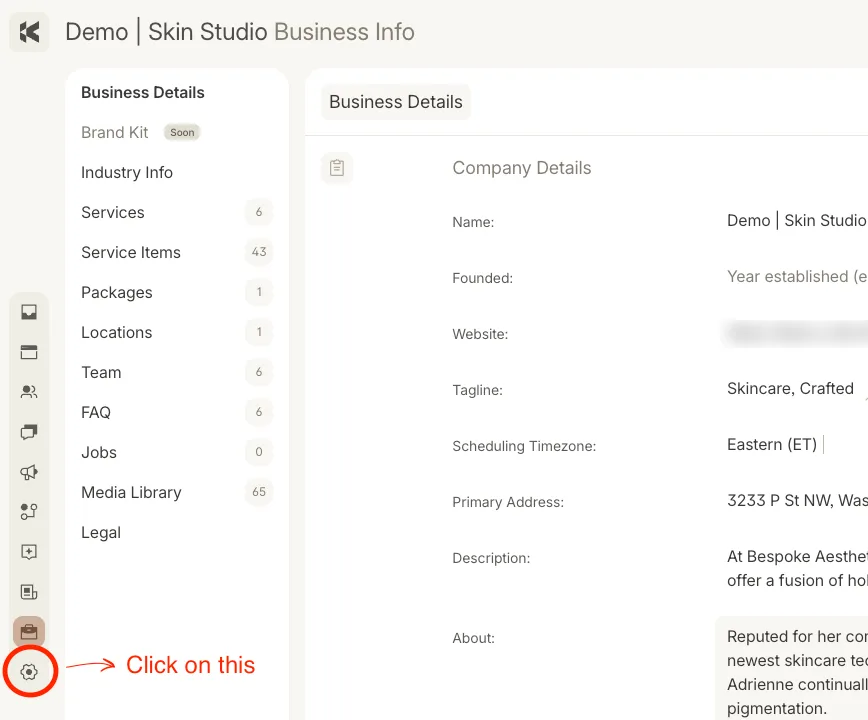 The console's Business Info page for a demo business, with the Settings gear icon at the bottom of the left rail circled.
