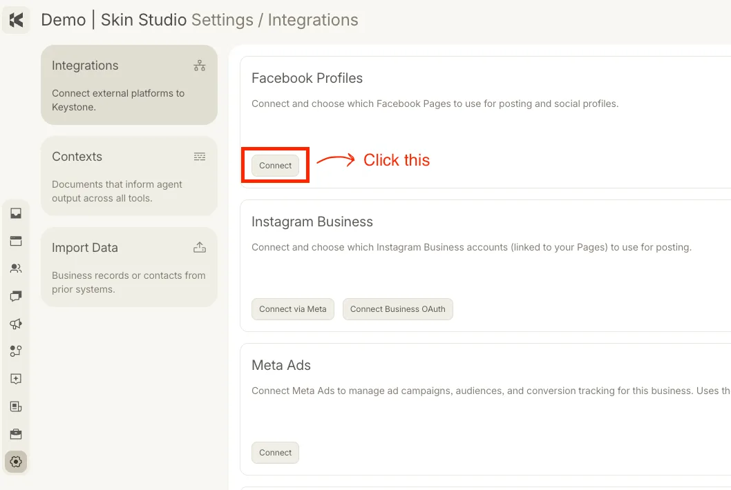 Settings → Integrations with the Facebook Profiles block at the top and its Connect button highlighted.