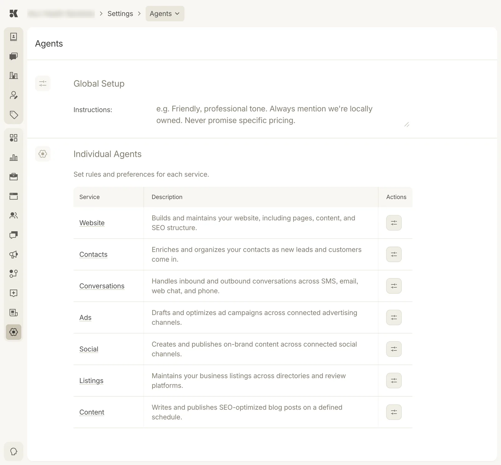 The Agents section: a Global Setup block with an Instructions text box showing placeholder text about tone, and an Individual Agents table listing Website, Contacts, Conversations, Ads, Social, Listings, and Content, each with a one-line description and an actions button.