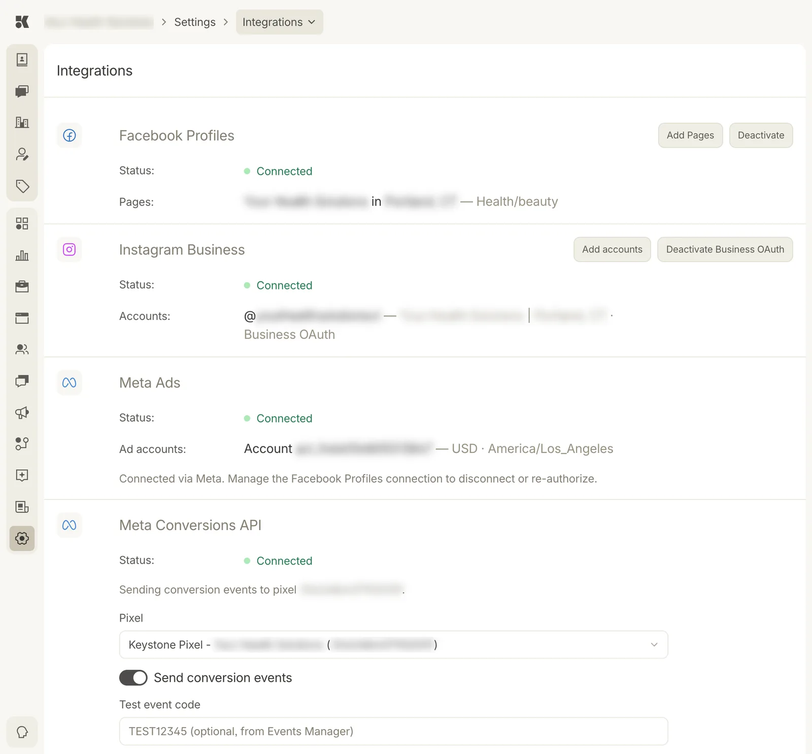 The Integrations section: Facebook Profiles Connected with one page listed and Add Pages and Deactivate buttons; Instagram Business Connected with one account and Add accounts and Deactivate Business OAuth buttons; Meta Ads Connected with an ad account, currency, and timezone; Meta Conversions API Connected with a pixel selector, a Send conversion events toggle, and a Test event code field.