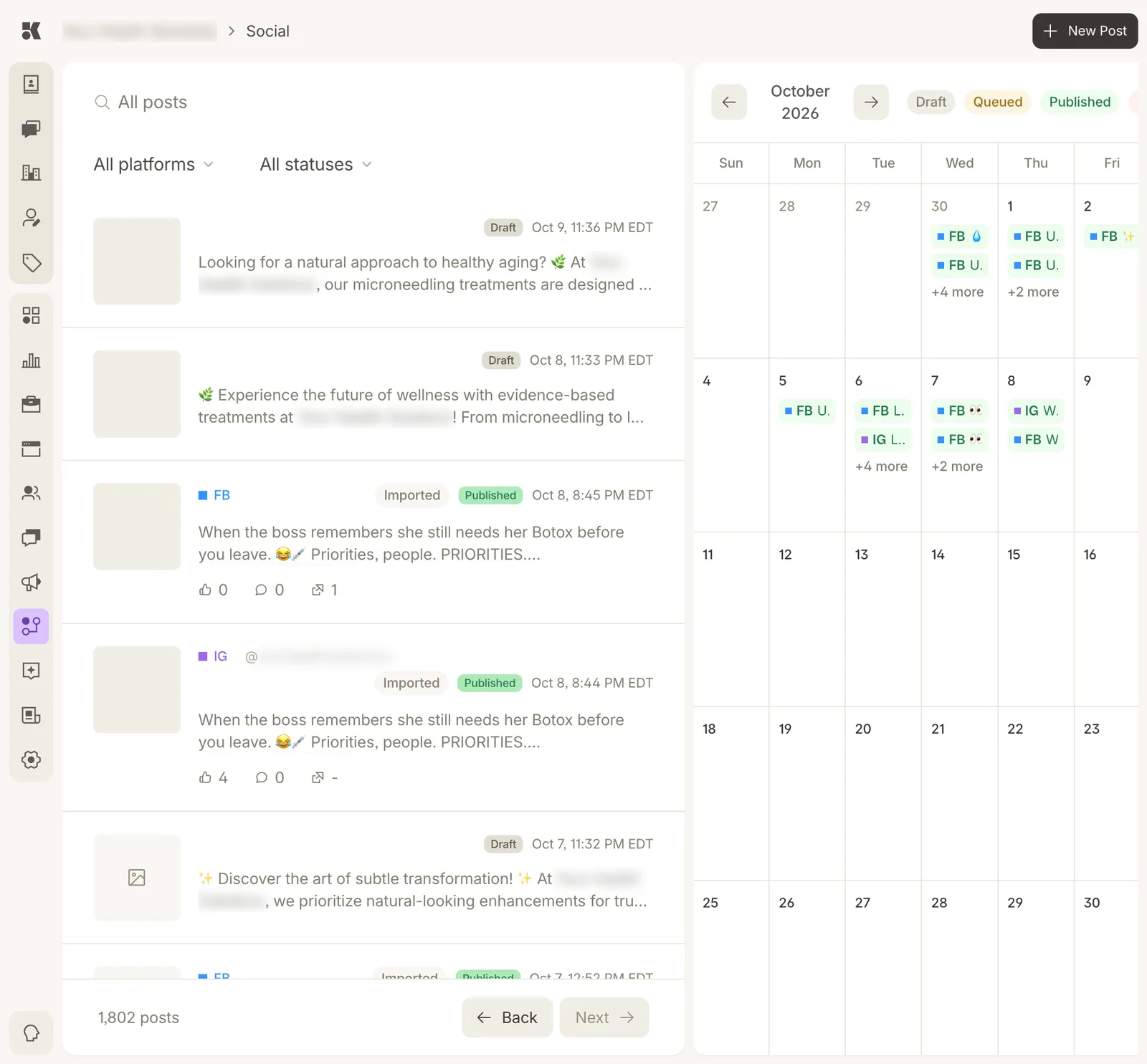 The Social page: a list of posts on the left, each with a thumbnail, Draft or Published and Imported chips, an FB or IG platform mark, the opening of the post, and like, comment, and share counts; on the right a monthly calendar for October 2026 with FB and IG entries on each day and a Draft, Queued, Published legend. A New Post button sits at the top right.