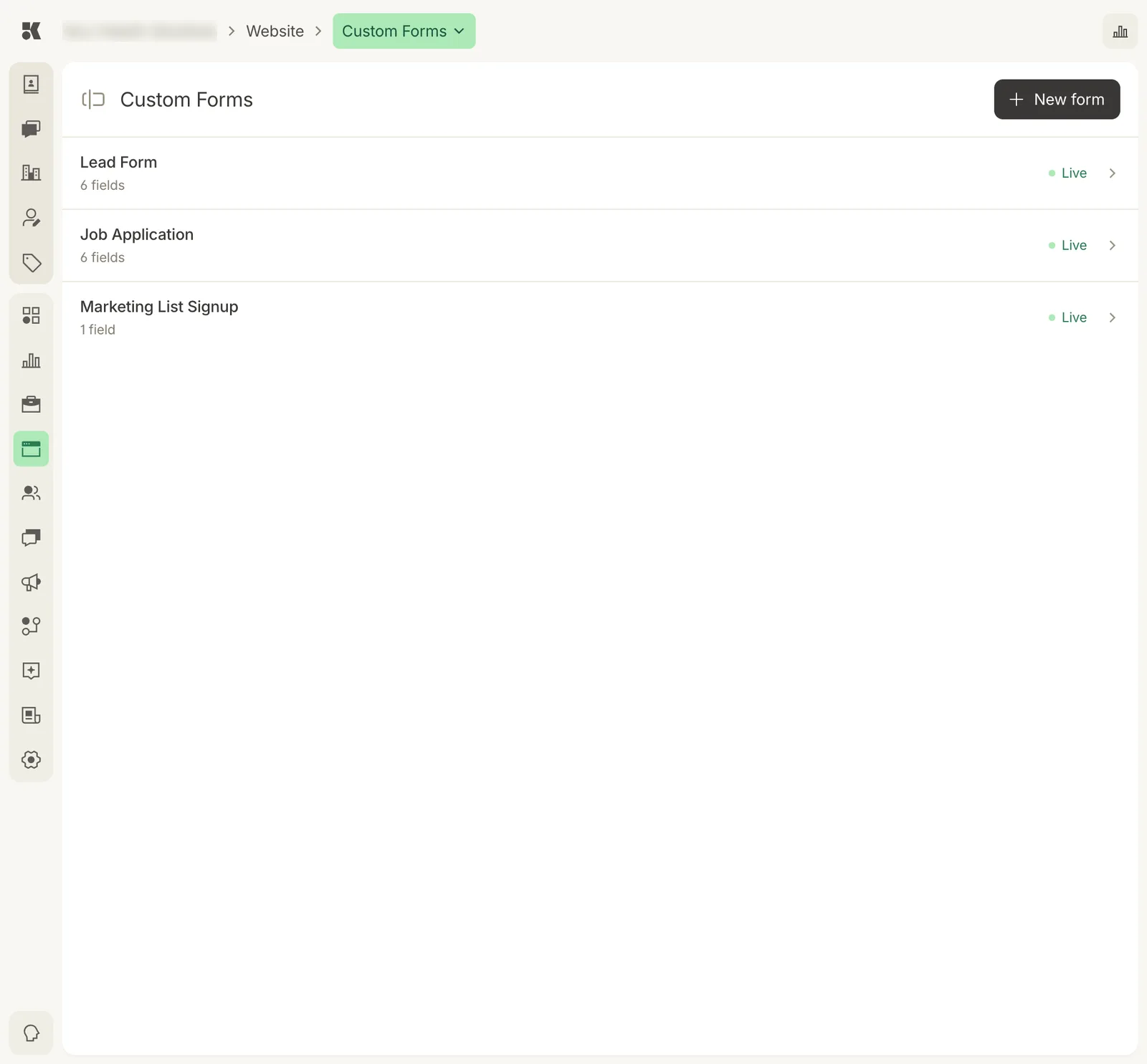 The Custom Forms section listing Lead Form, Job Application, and Marketing List Signup, each marked Live, with a New form button.