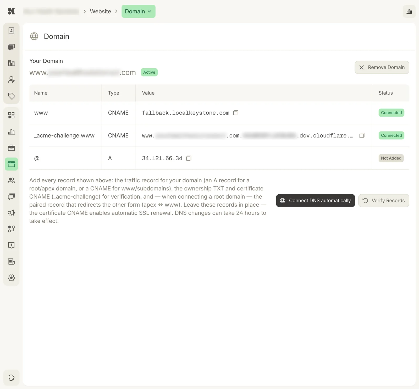 The Domain section: the connected domain, a DNS records table with a www CNAME, an _acme-challenge CNAME, and a root A record, buttons to Connect DNS automatically and Verify Records, and a Remove Domain button.