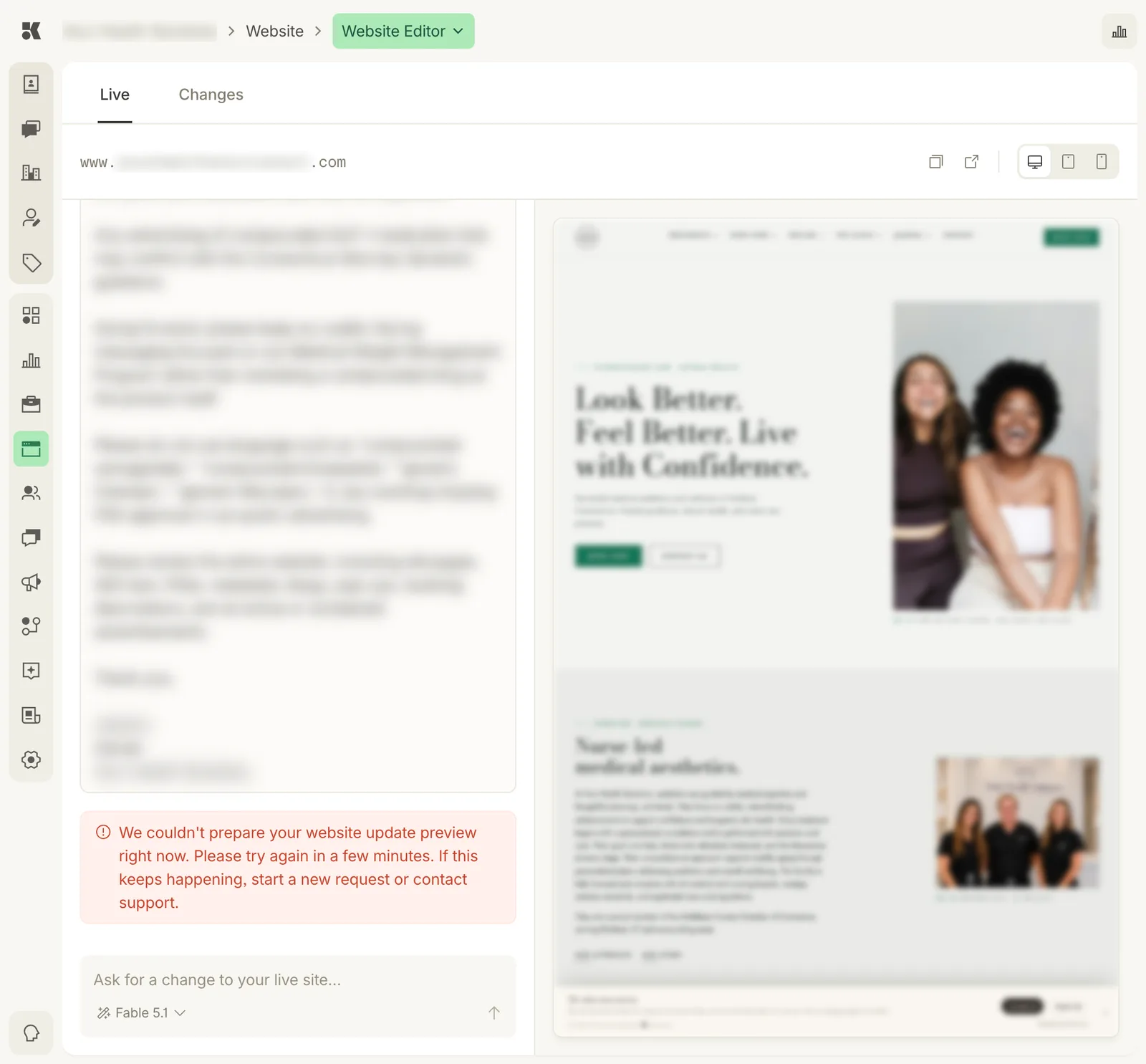 The Website Editor: Live and Changes tabs; the site's URL with copy, open, and desktop, tablet, and phone toggles; a conversation column on the left with a long request and a red notice saying a preview could not be prepared; a request box reading Ask for a change to your live site with a model picker; and the live homepage rendered on the right.