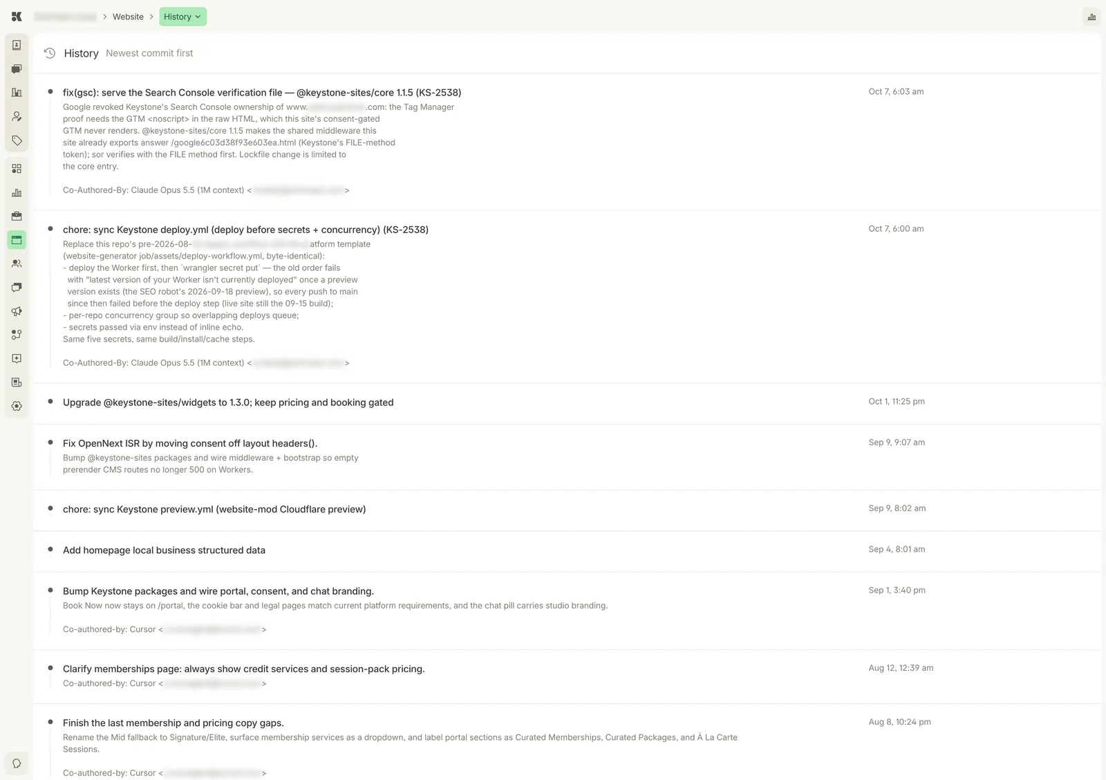 The History section, newest commit first: a list of commits with a one-line title, a longer description, a Co-Authored-By line, and a date and time on the right.