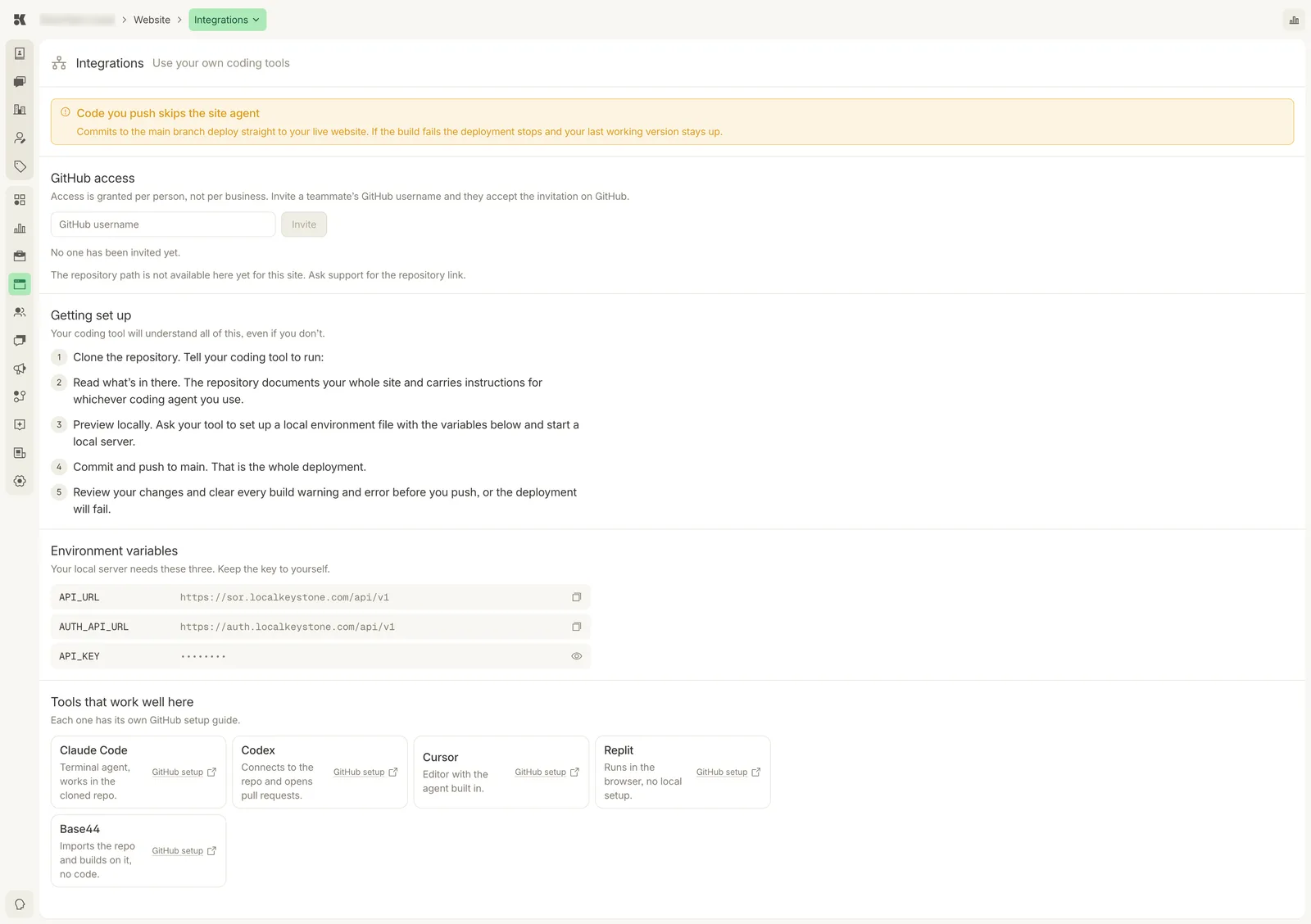The Website Integrations section titled Use your own coding tools: a notice that code you push skips the site agent; GitHub access with a username field and Invite button; a five-step Getting set up list; Environment variables API_URL, AUTH_API_URL, and API_KEY; and cards for Claude Code, Codex, Cursor, Replit, and Base44, each with a GitHub setup link.