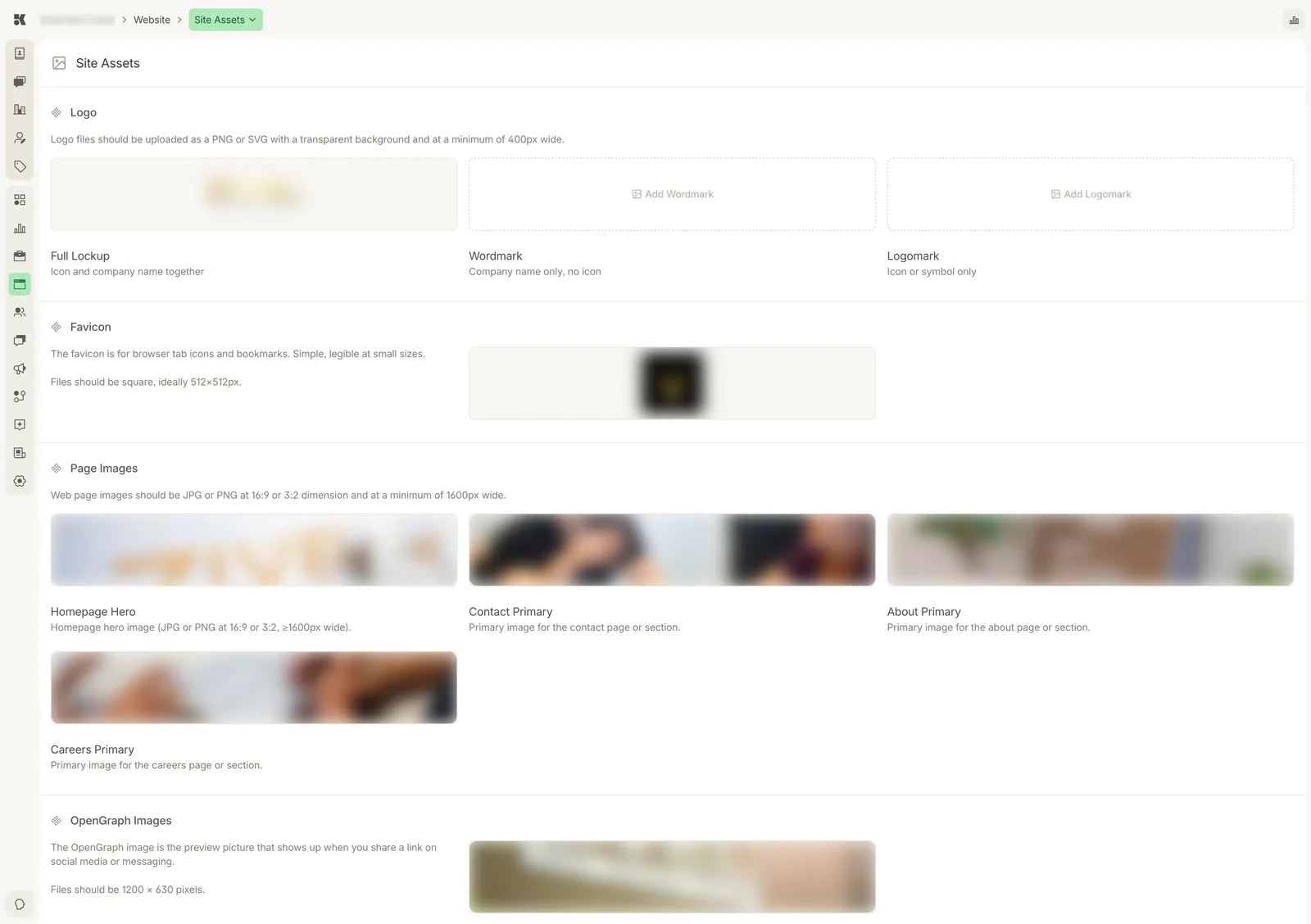 The Site Assets section: a Logo block with Full Lockup set and Add Wordmark and Add Logomark empty; a Favicon block; a Page Images block with Homepage Hero, Contact Primary, About Primary, and Careers Primary; and an OpenGraph Images block. Each has a sentence of size guidance.